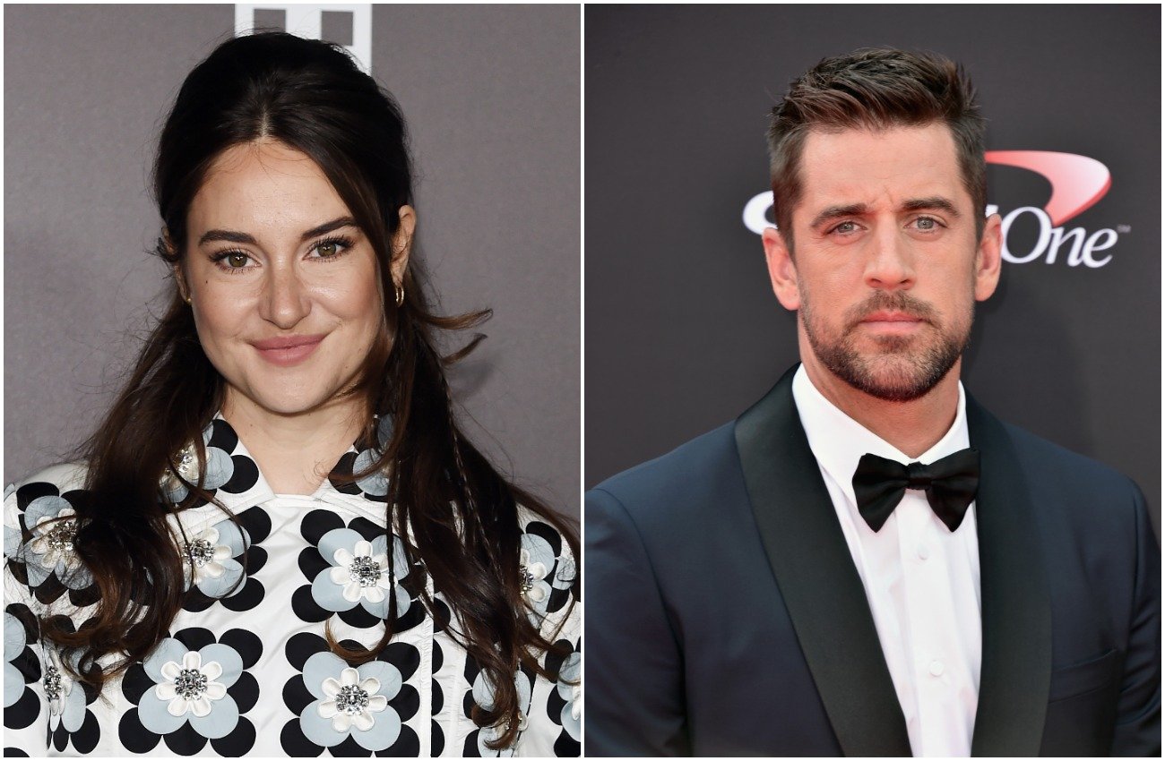 Shailene Woodley wearing a white outfit in front of a gray background; Aaron Rodgers wearing a suit in front of a dark gray background
