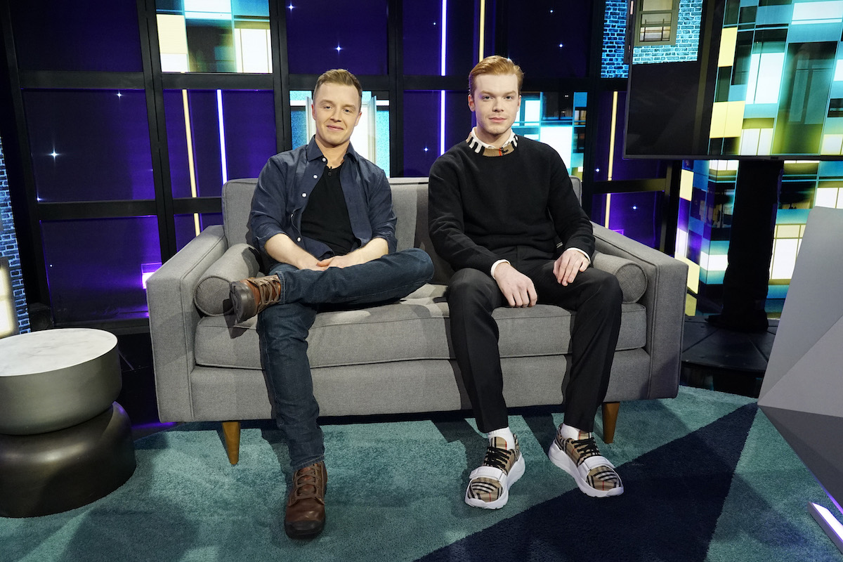 Cameron Monaghan gay character actor (Ian Gallagher) (R) and Noel Fisher (Mickey Milkovich) (L) seated on a couch