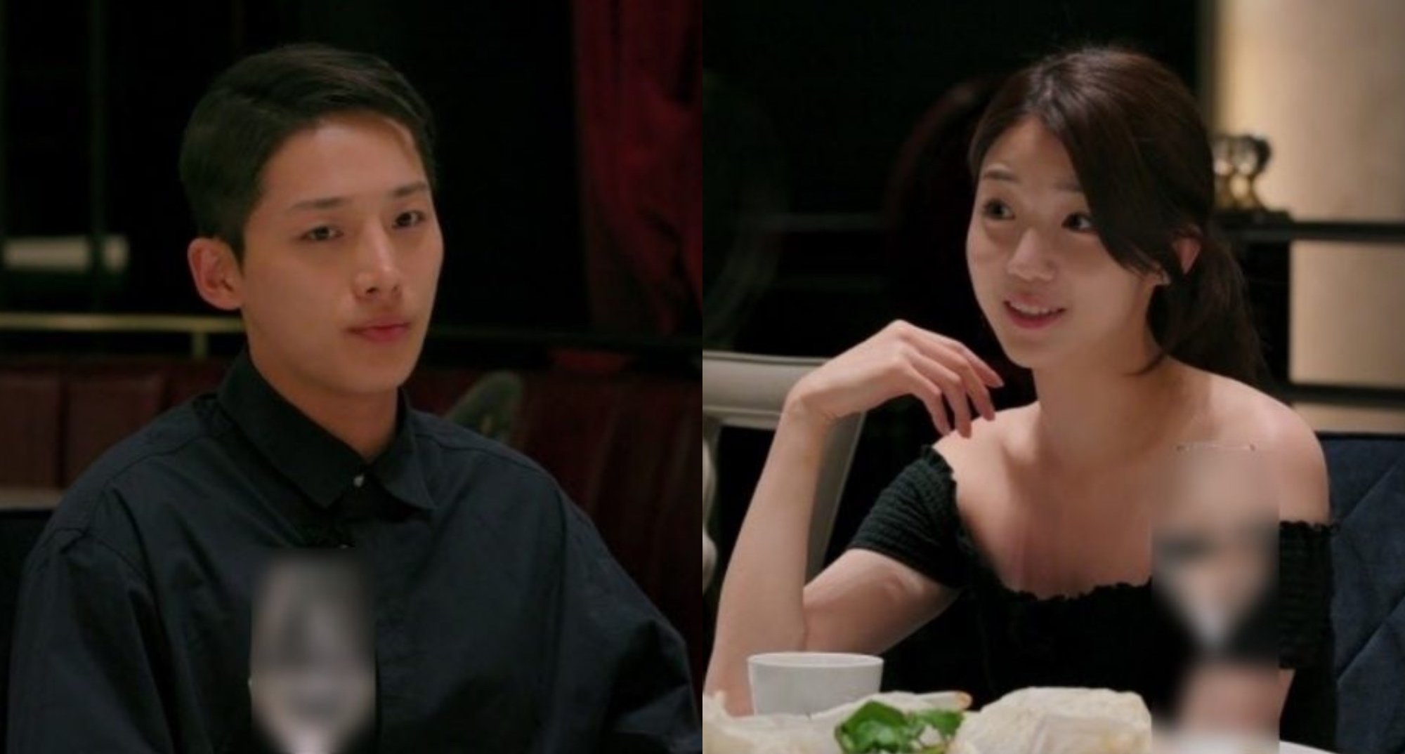 Shin Ji-yeon and Moon Se-hoon from 'Single's Inferno' wearing black at dinner.