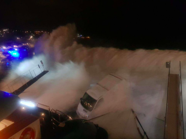 Sirocco is thrown up against the dock during a storm 