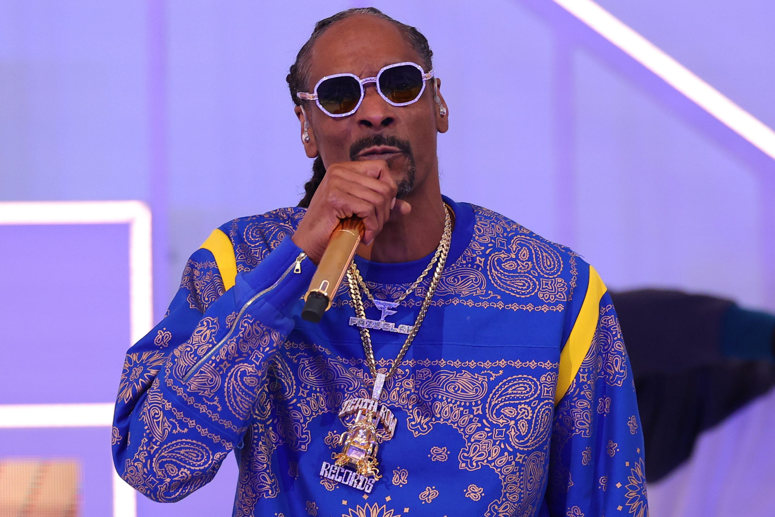 Snoop Dogg performing at the Super Bowl halftime show