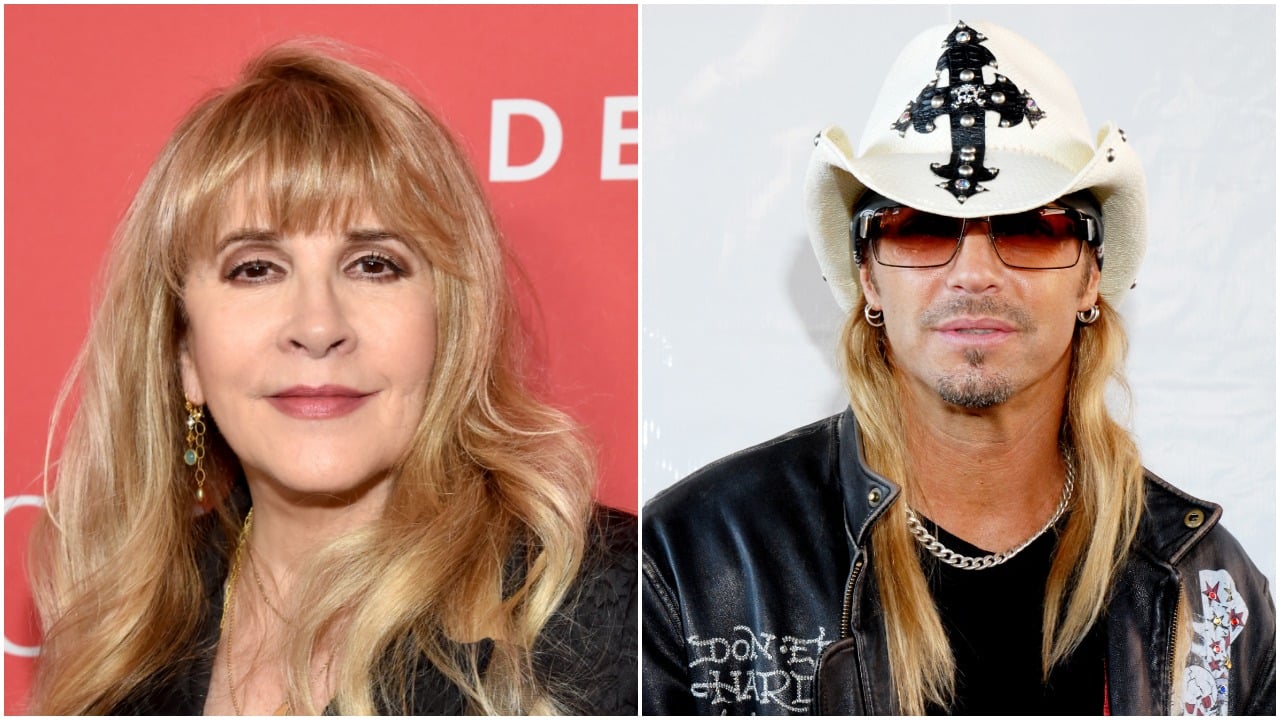 Stevie Nicks wears a black shirt and stands in front of a red background. Bret Michaels wears a leather jacket, cowboy hat, and sunglasses and stands in front of a white background.