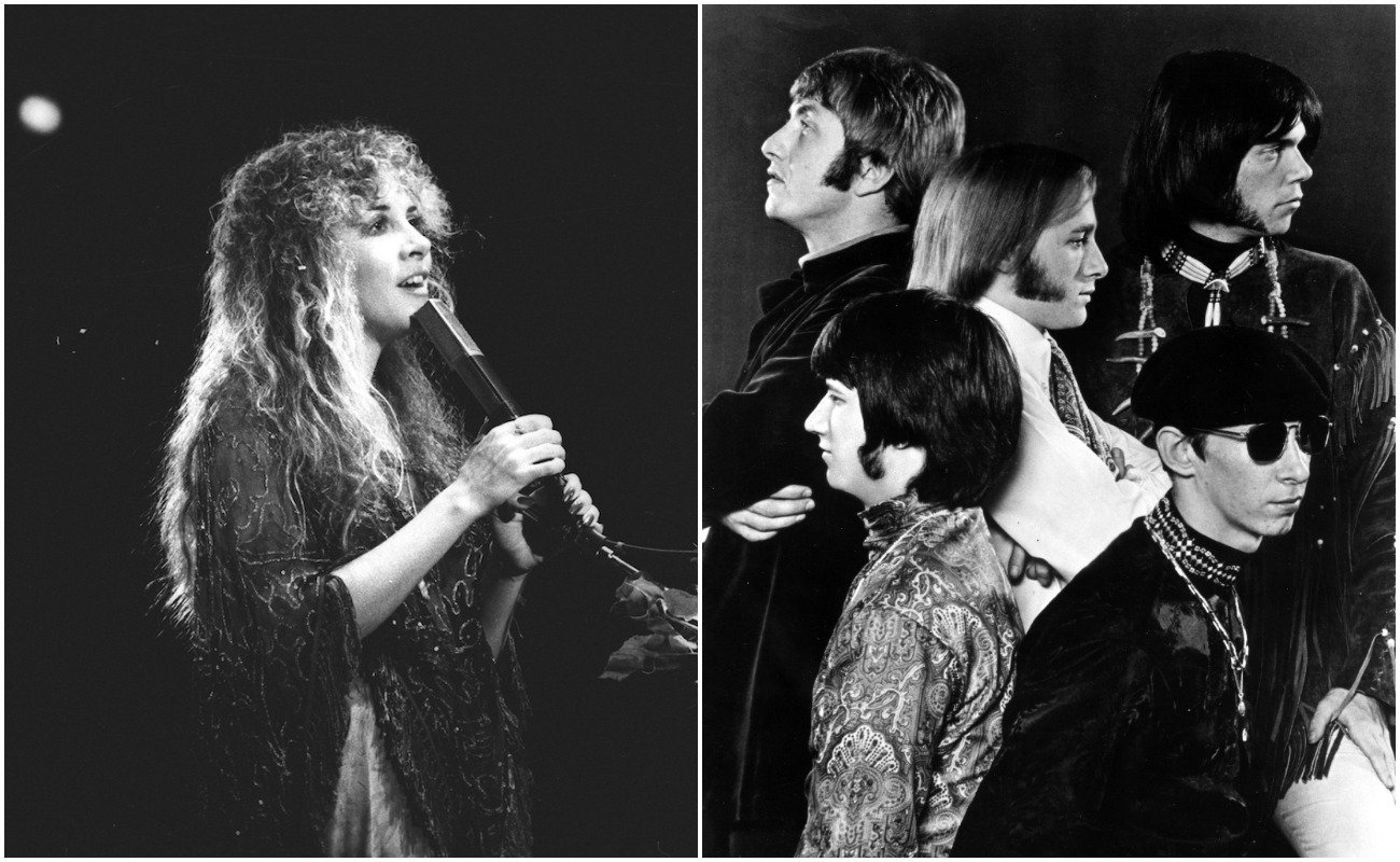 Stevie Nicks in a shawl performing with Fleetwood Mac in 1977, and Buffalo Springfield posing for a portrait in 1967.