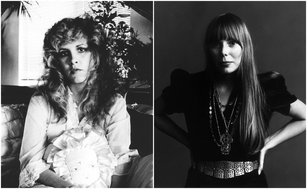Stevie Nicks wearing white posing for a portrait in 1981, and Joni Mitchell in black in 1968.