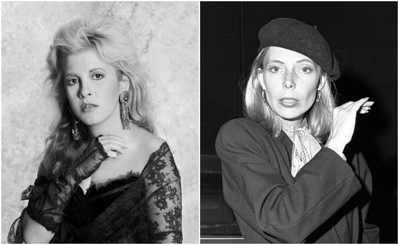 Stevie Nicks in black posing for a portrait in 1987, Joni Mitchell wearing a black coat and posing in 1975.