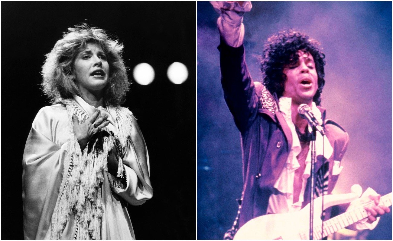 Stevie Nicks in white while performing with Fleetwood Mac in 1983, and Prince in purple performing during the Purple Rain tour in 1984.