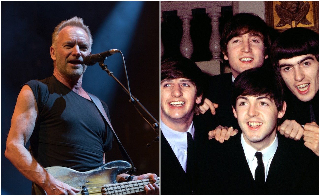 Sting performing at KAABOO Texas in 2019, and The Beatles posing in suits in 1964.