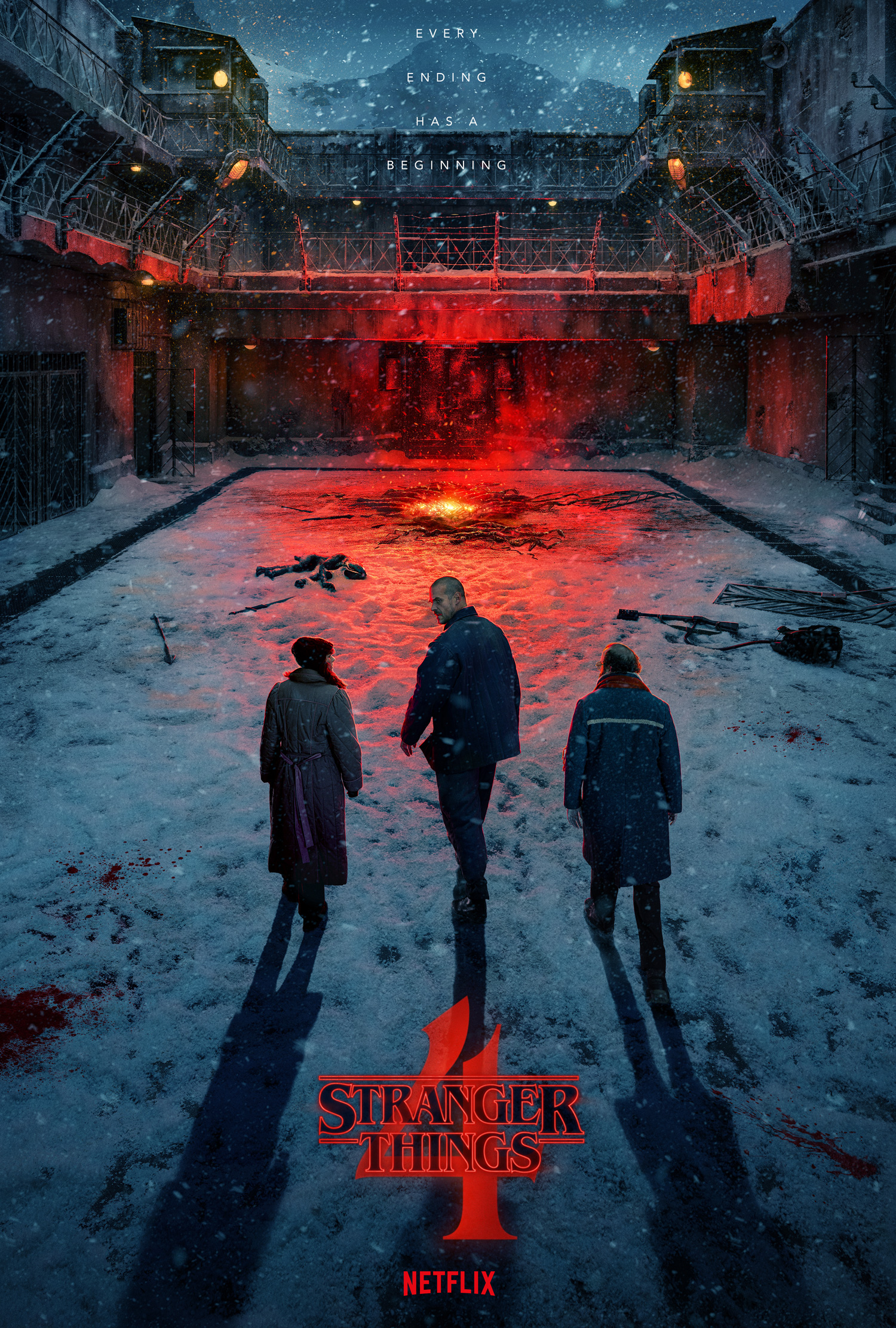 'Stranger Things' Season 4 poster 001 shows Hopper walking between Joyce and Murray in the courtyard of a Russian prison