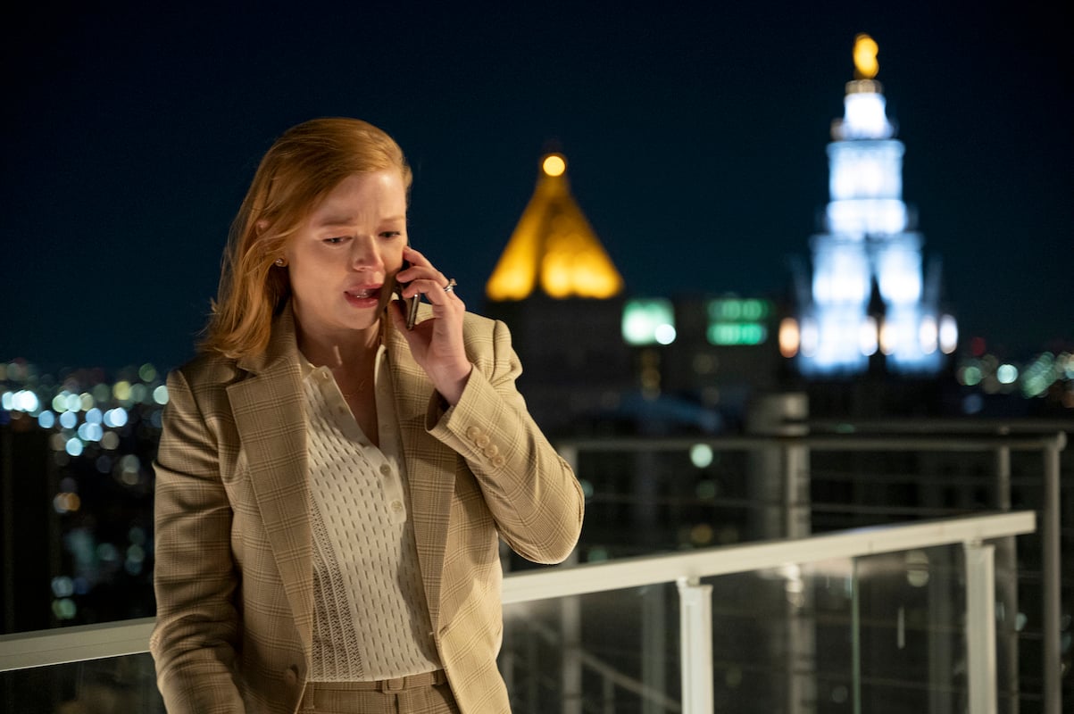 'Succession' Shiv Roy (Sarah Snook) speaks on a cell phone on an outdoor deck