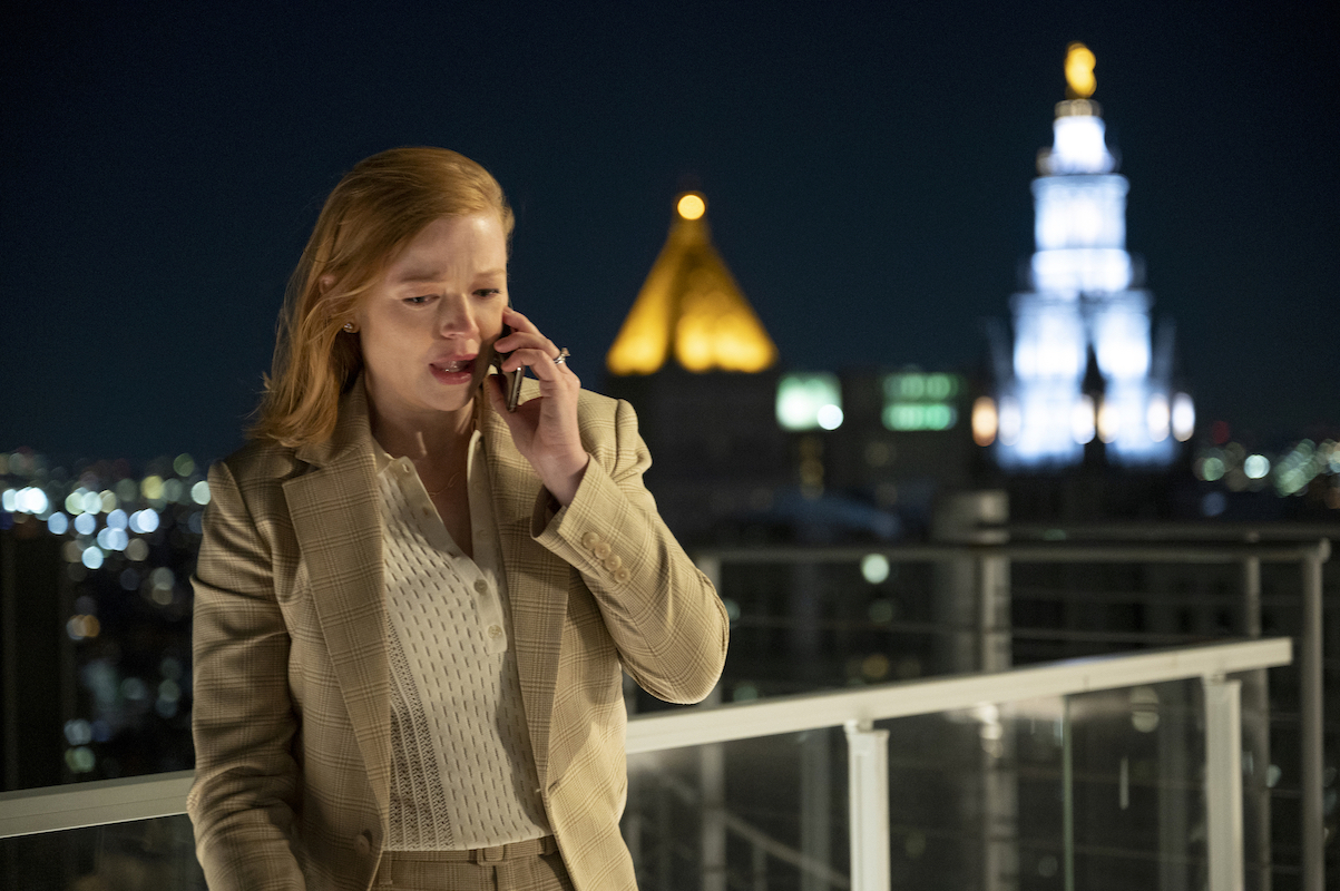 'Succession' Shiv Roy (Sarah Snook) speaks on a cell phone on an outdoor deck