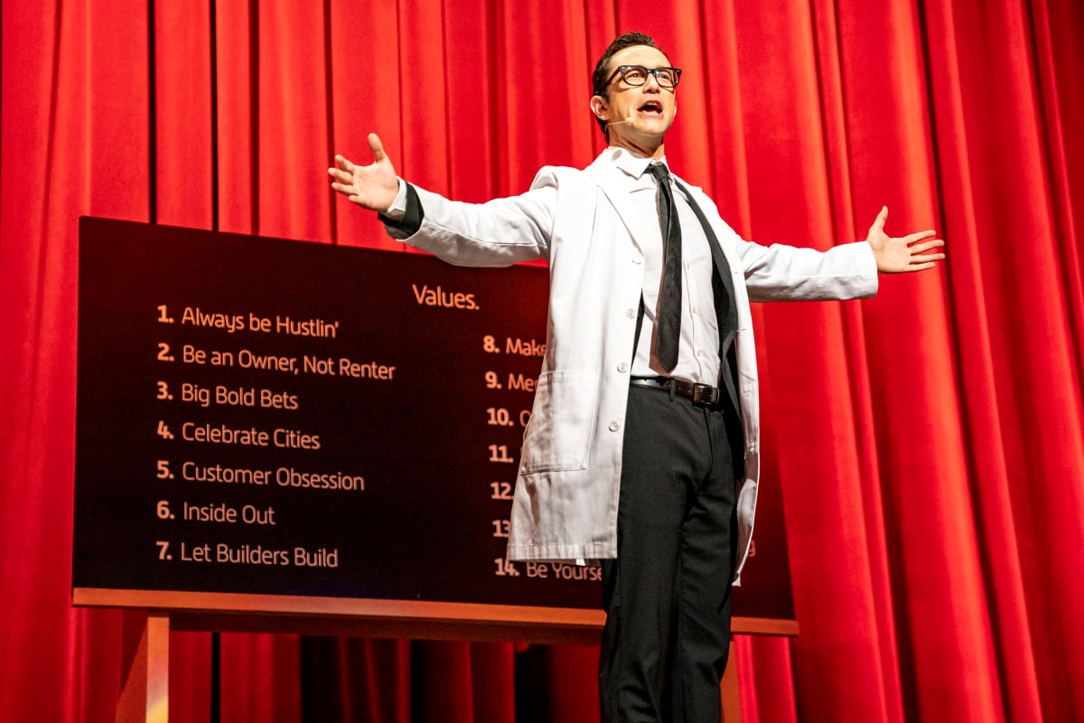 'Super Pumped': Travis Kalanick (Joseph Gordon-Levitt) presents company values on stage