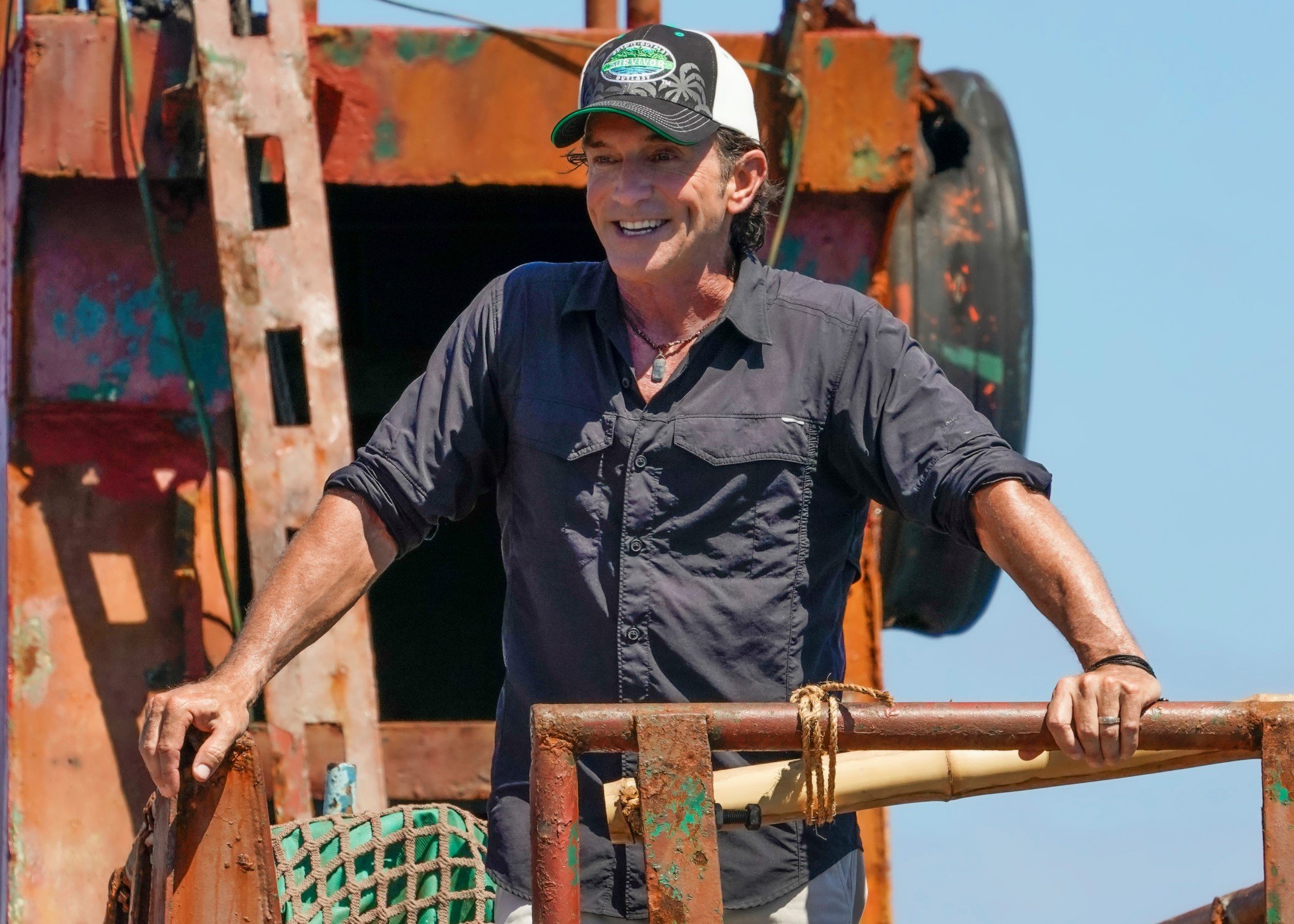 'Survivor' Season 42, which won't air tonight, Feb. 16, host Jeff Probst wears a dark blue button-up shirt and a 'Survivor' hat.