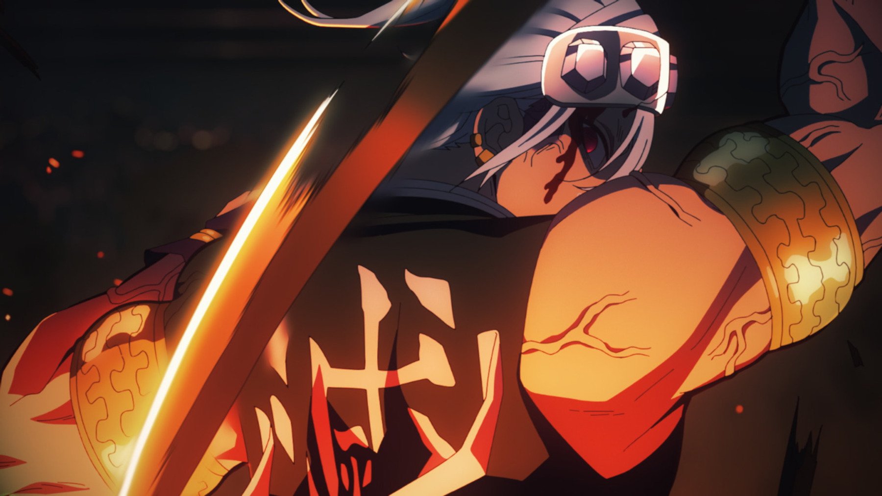 Sound Hashira Tengen Uzui holding a blade. The image shows him from behind, and he has blood pouring down his face.