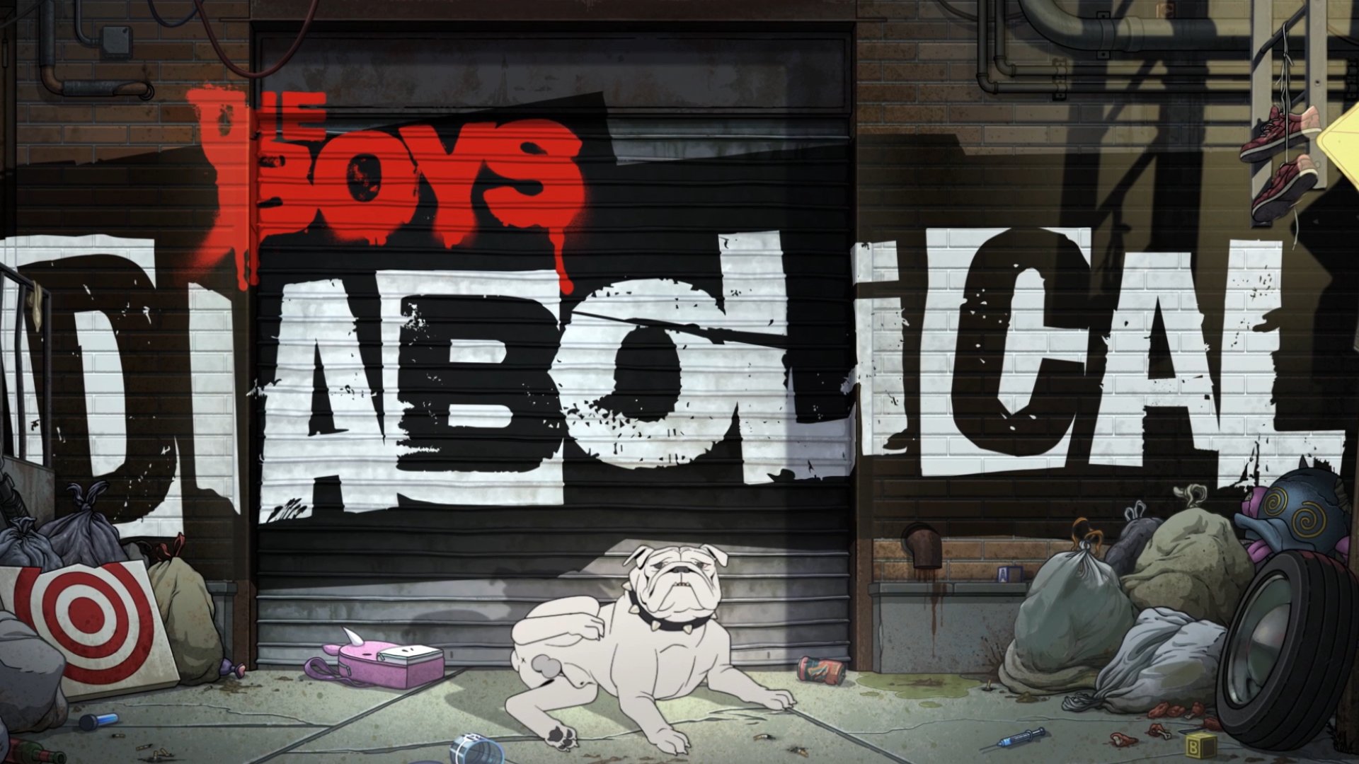 Key art for Prime Video series 'The Boys Presents: Diabolical.' It shows the logo, as well as a bulldog on the ground next to bags of garbage.