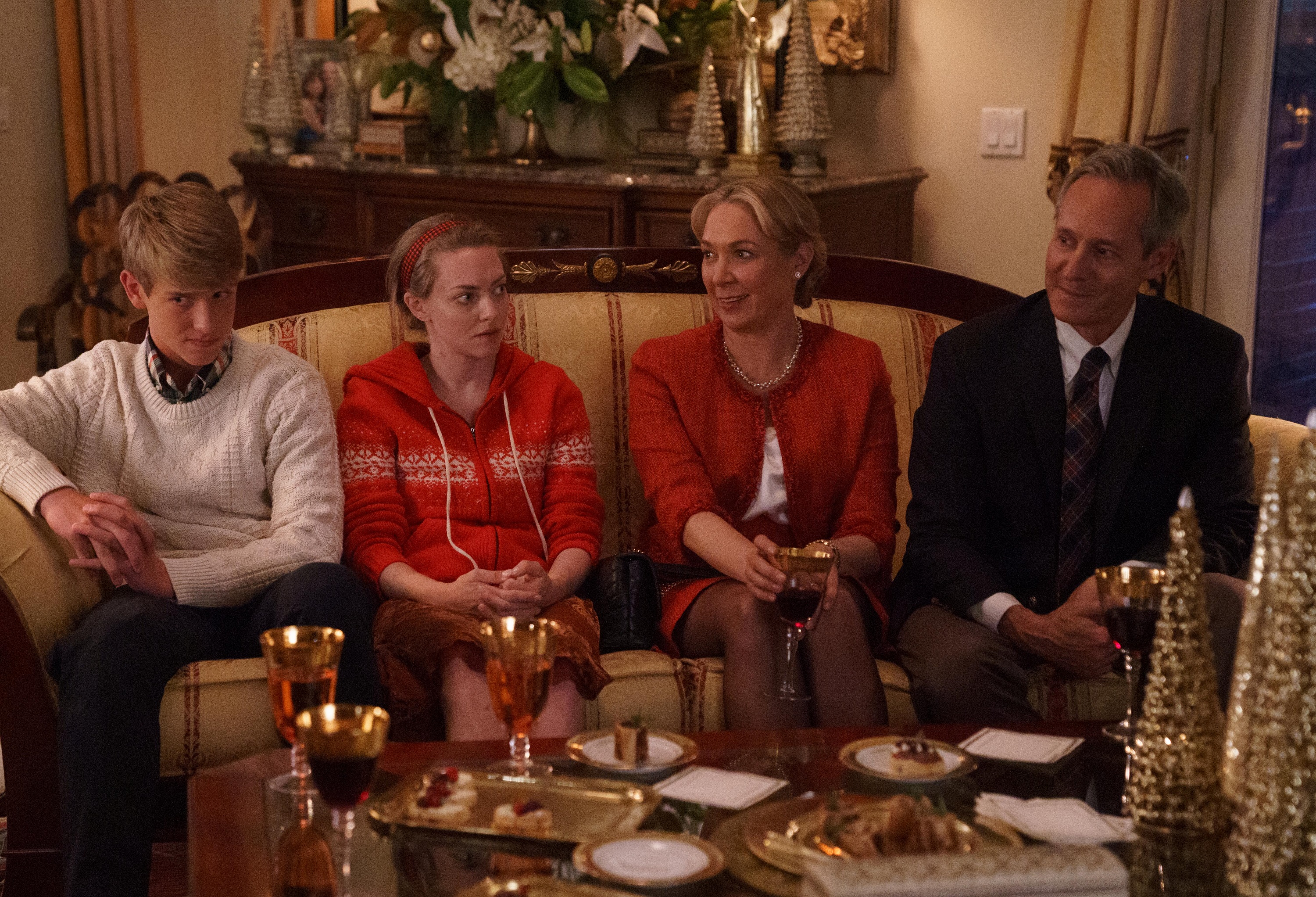 Jake Satow as Christian Holmes, Amanda Seyfried as Elizabeth Holmes, Elizabeth Marvel as Noel Holmes and Michel Gill as Chris Holmes in 'The Dropout' cast sitting together on a couch