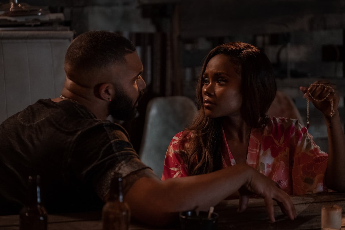 Tyler Lepley as Diamond and Shannon Thornton as Keyshawn aka Miss Mississippi sitting outside having a quiet conversation 'P-Valley'