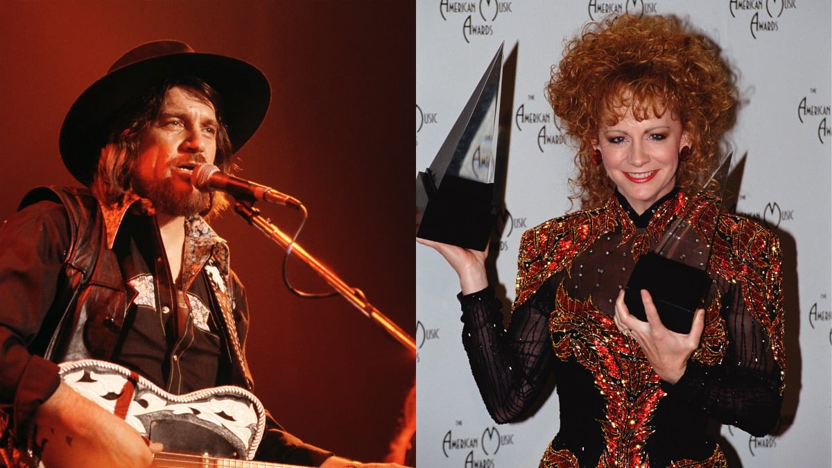 (L) Waylon Jennings plays a guitar and sings into a microphone on stage in 1979; (R) Reba McEntire in a sparkly red and black dress holding up two awards in 1991