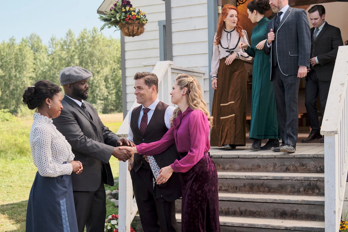 Minnie and Joseph greeting Lee and Rosemary as they leave church in 'When Calls the Heart' Season 9