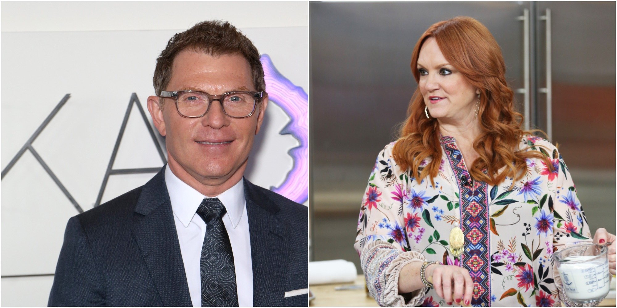 Bobby Flay and Ree Drummond in a set of side by side photographs.