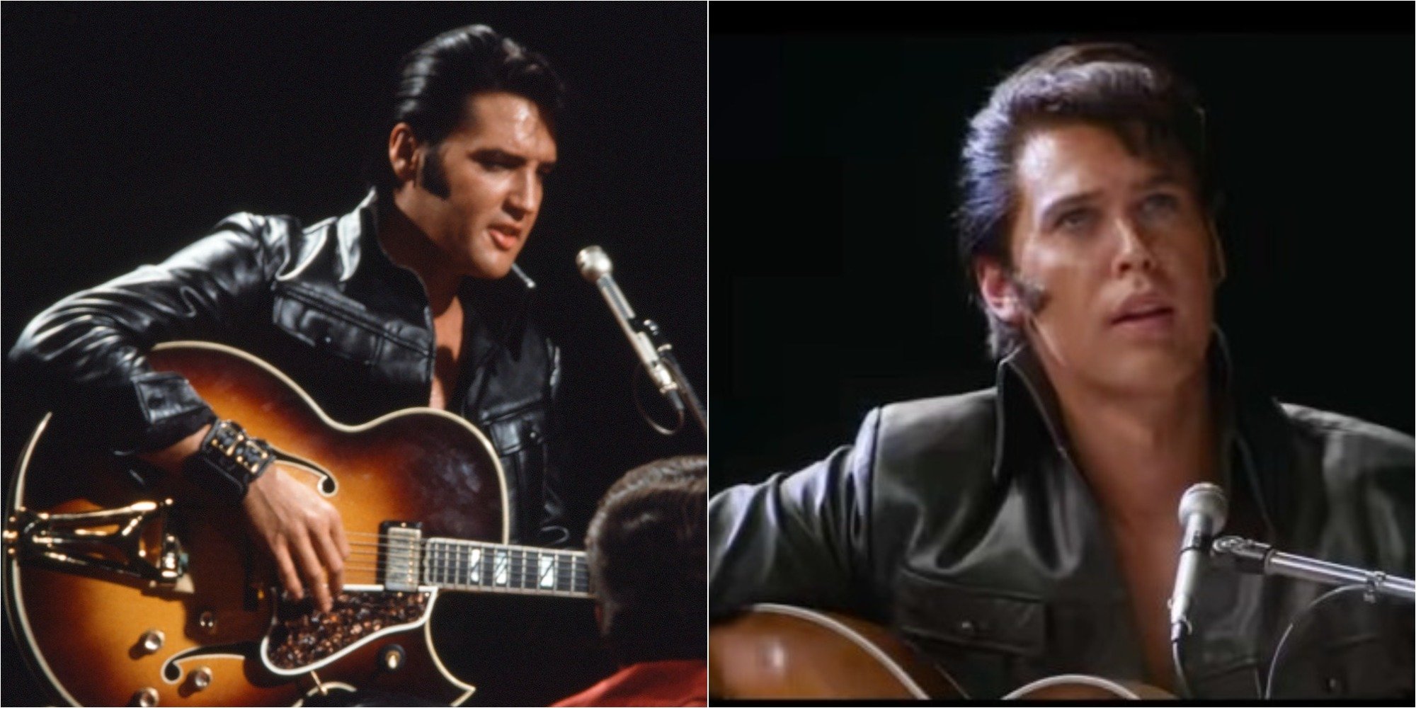 Elvis Presley and Austin Butler in side by side photographs, both wearing leather jackets and playing guitar.