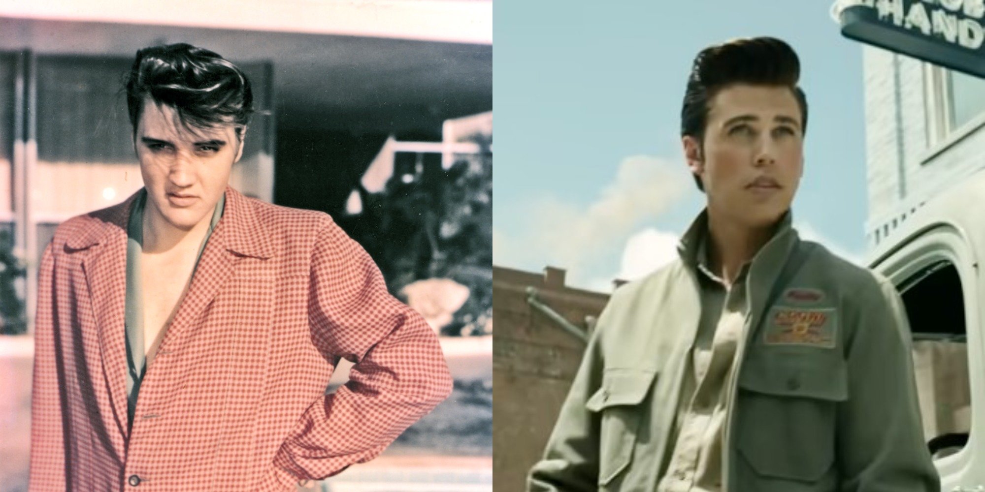 Elvis Presley and Austin Butler in side-by-side photographs.