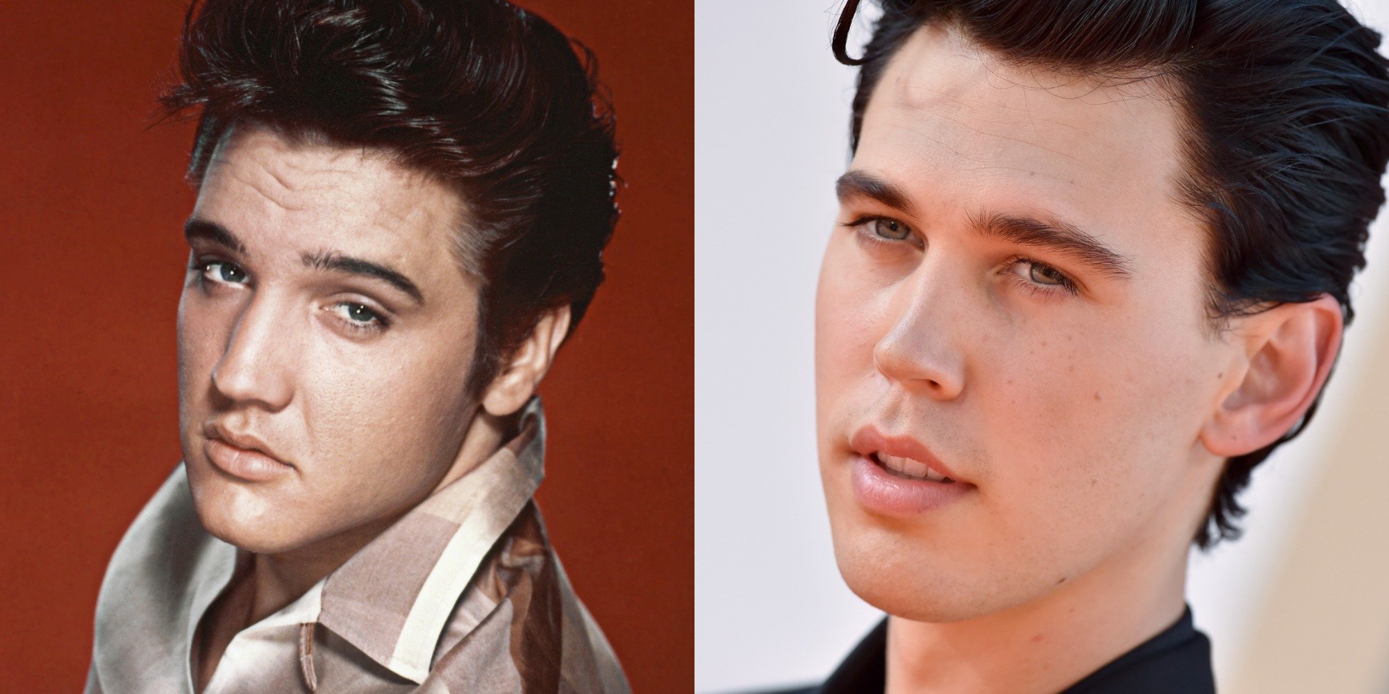 Elvis Presley and Austin Butler in side by side photographs.
