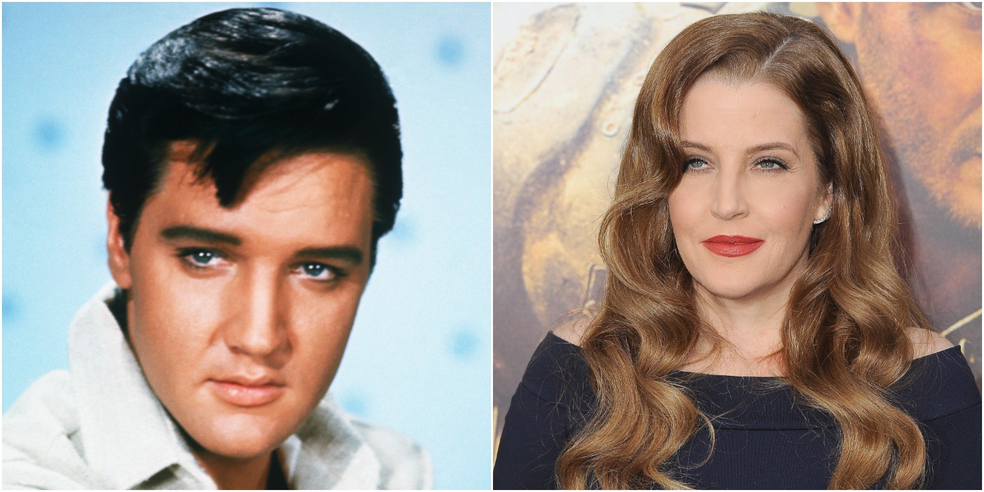 Elvis Presley and Lisa Marie Presley pose in side-by-side photographs.