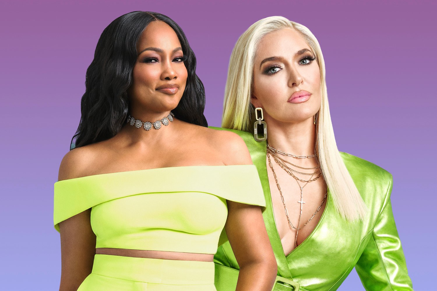 Garcelle Beauvais and Erika Jayne in their official 'RHOBH' portraits wearing neon green outfits