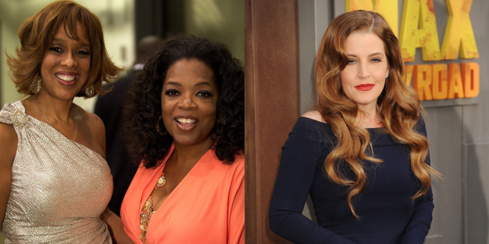 Gayle King, Oprah Winfrey and Lisa Marie Presley pose in separate, side-by-side photographs.