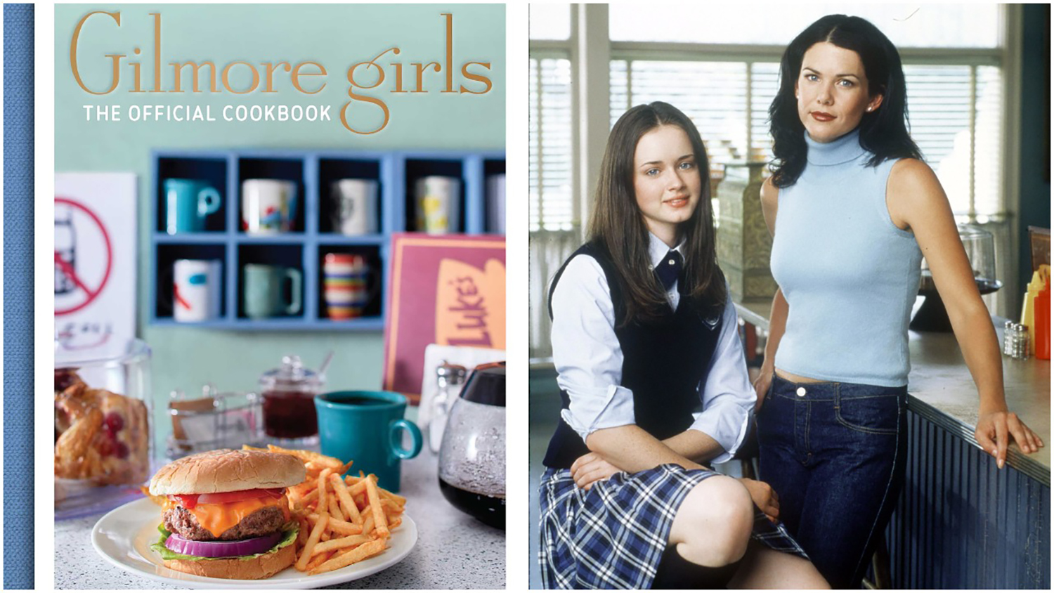 Gilmore Girls: The Official Cookbook cover // Alexis Bledel and Lauren Graham pose at Luke's Diner for a Gilmore Girls promo image