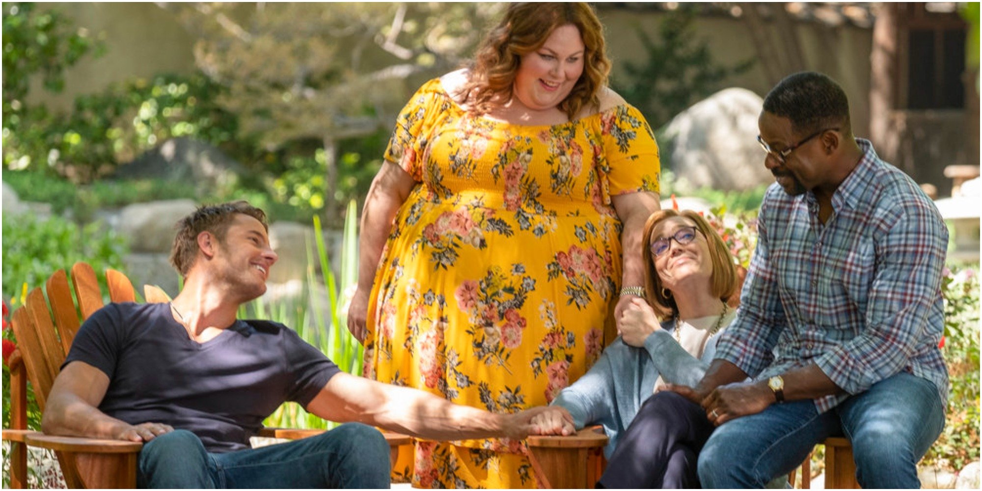 Justin Hartley, Chrissy Metz, Mandy Moore and Sterling K. Brown on the set of "This Is Us."