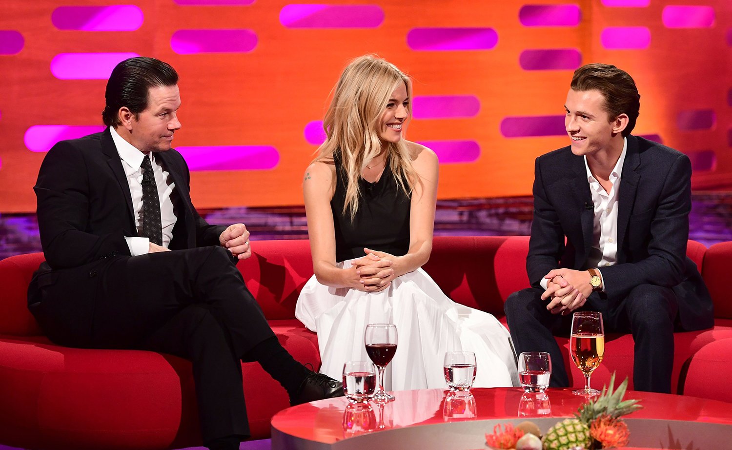 Mark Wahlberg, Sienna Miller, and Tom Holland on The Graham Norton Show in 2017.