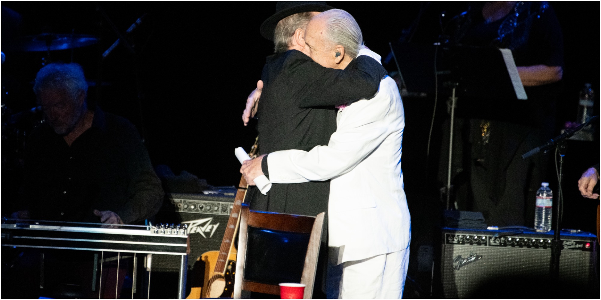Micky Dolenz and Michael Nesmith of The Monkees perform onstage during the final show of "The 55th Anniversary Farewell Tour" at The Greek Theatre on November 14, 2021 in Los Angeles, California.