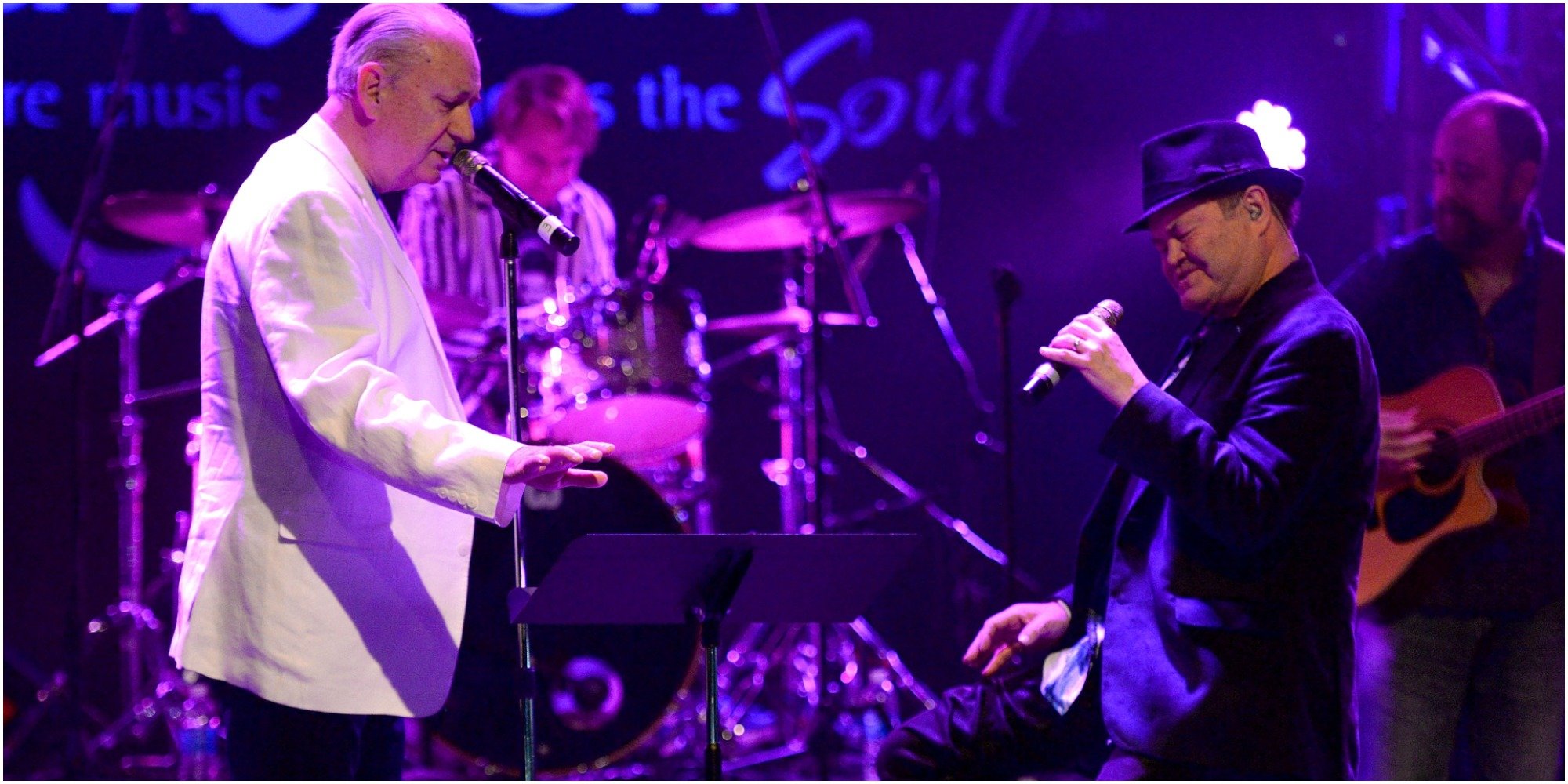 Micky Dolenz and Michael Nesmith of The Monkees perform onstage during the final show of "The 55th Anniversary Farewell Tour" at The Greek Theatre on November 14, 2021 in Los Angeles, California.