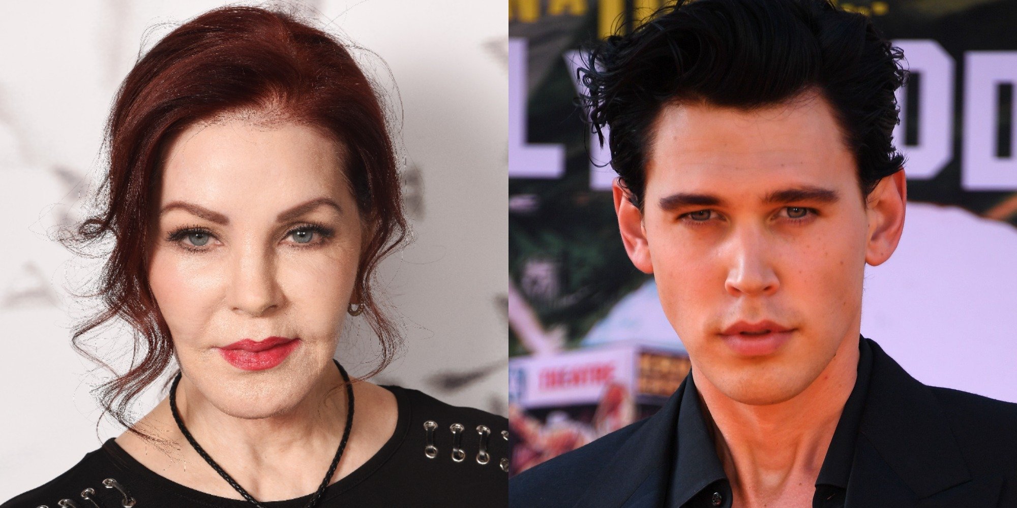 Priscilla Presley and Austin Butler in side-by-side photographs.