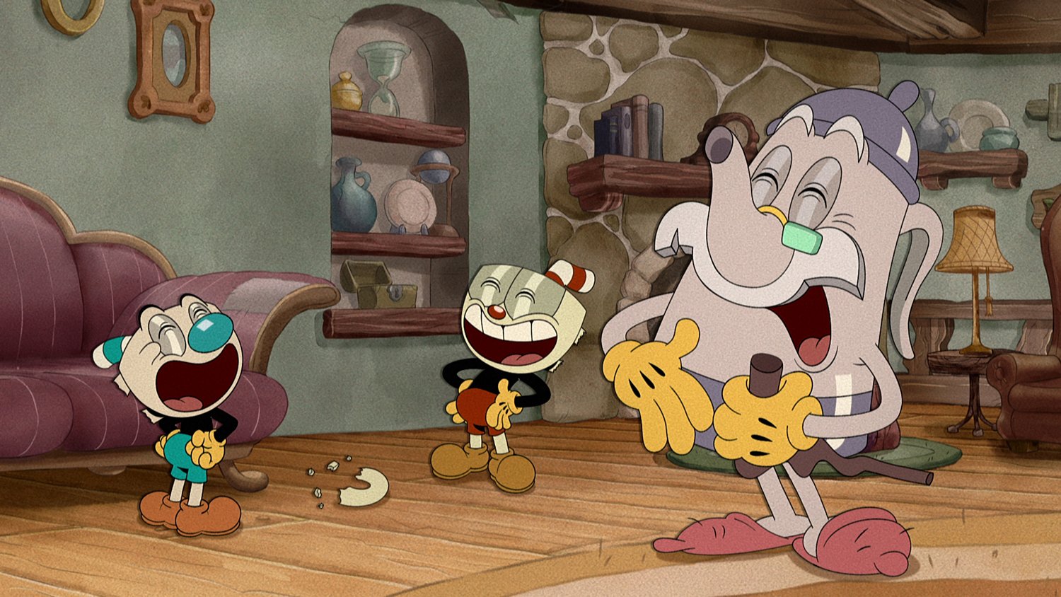 Frank Todaro as Mugman, Tru Valentino as Cuphead and Joe Hanna as Elder Kettle in The Cuphead Show
