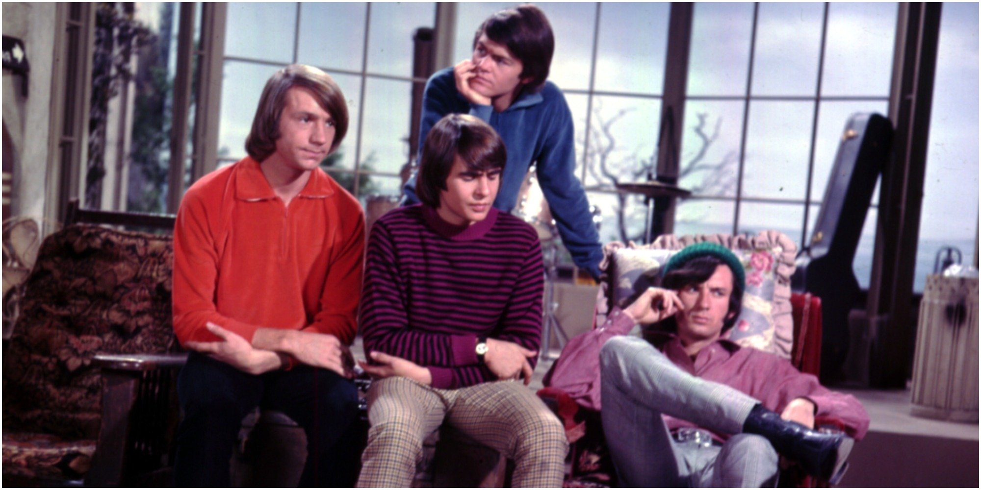 The Monkees pose for a publicity photo on the set of The Monkees televisoin show.