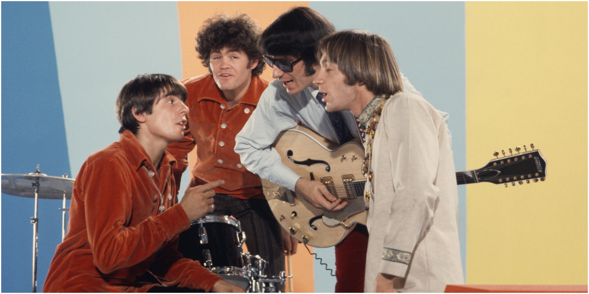 The Monkees pose for a publicity photo on the set of The Monkees televisoin show.
