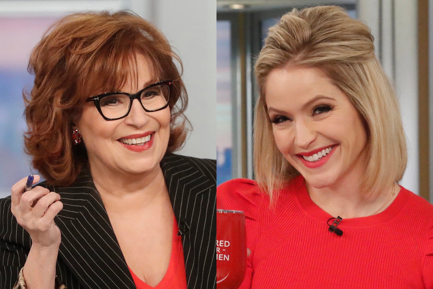 Joy Behar smiling, wearing black glass frames and a black blazer with red blouse. Sara Haines smiling wearing a red top.