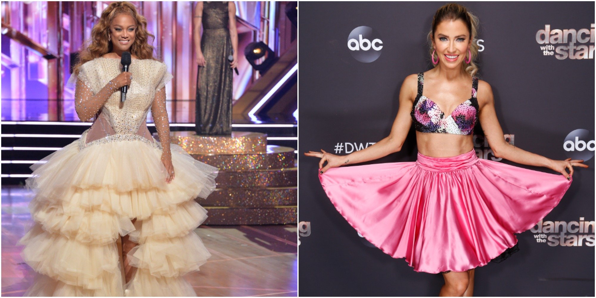 Tyra Banks and Kaitlyn Bristowe in side by side photographs taken on the DWTS set.