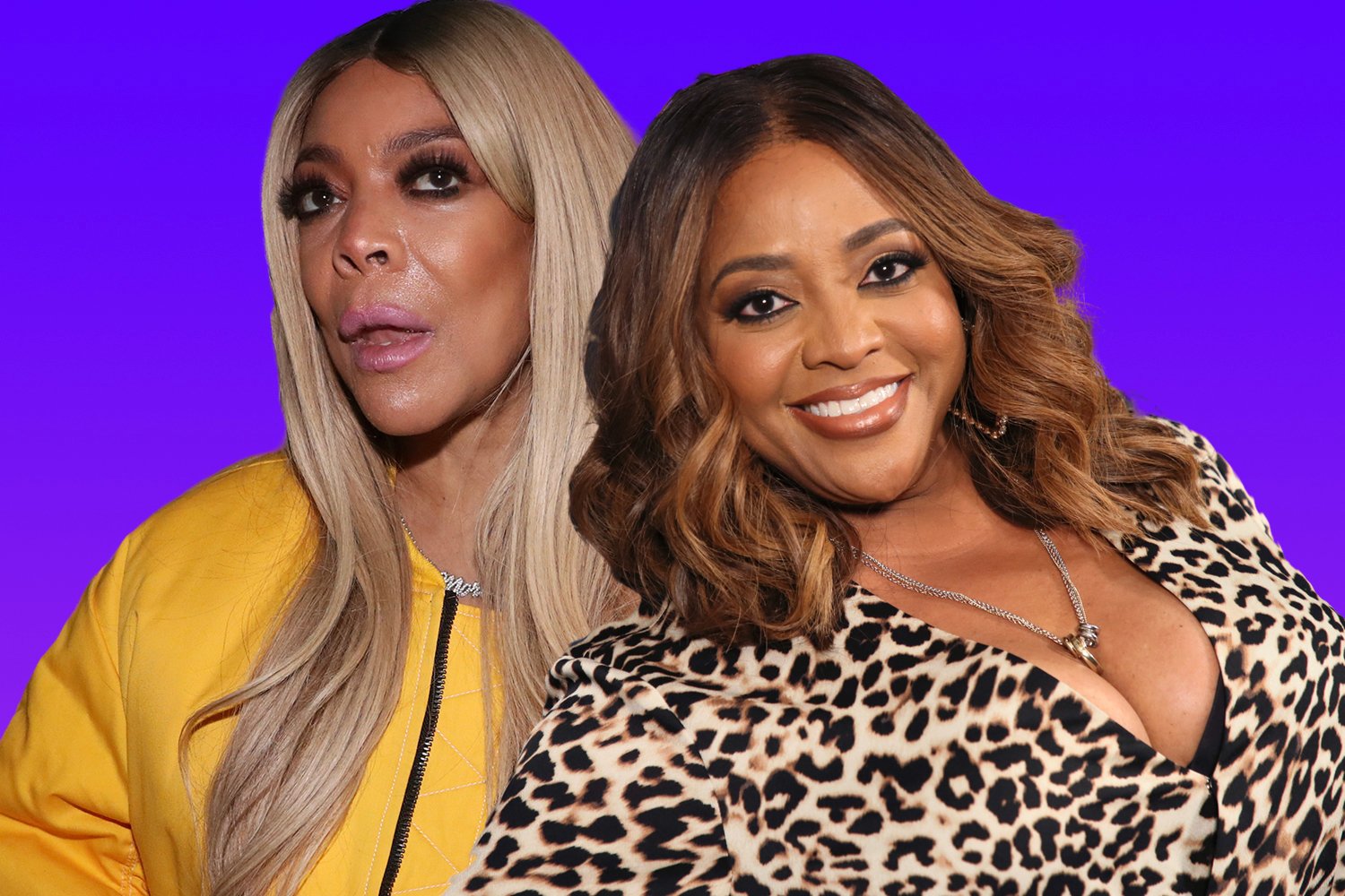 Wendy Williams with blonde hair and yellow jacket, Sherri Shepherd smiling, wearing an animal print top