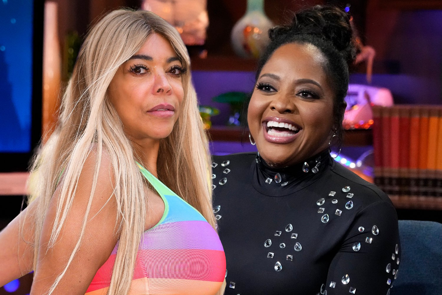 Wendy Williams in blonde straight hair and wearing a rainbow top in a superimposed photo of Sherri Shepherd smiling and wearing a black dress on the set of 'Watch What Happens Live'
