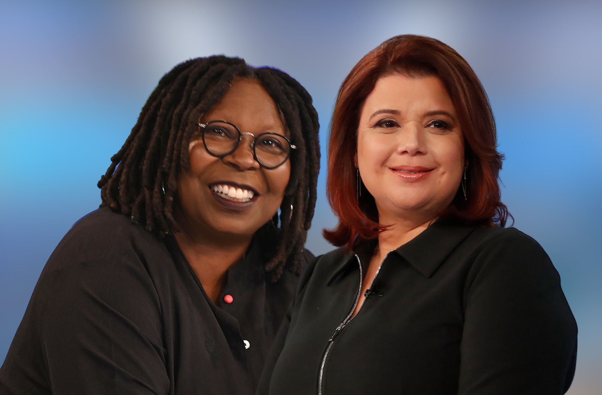 Whoopi Gooldberg smiling, wearing black eye glasses frames and a black top, Ana Navarro smiling with a black zip-up top