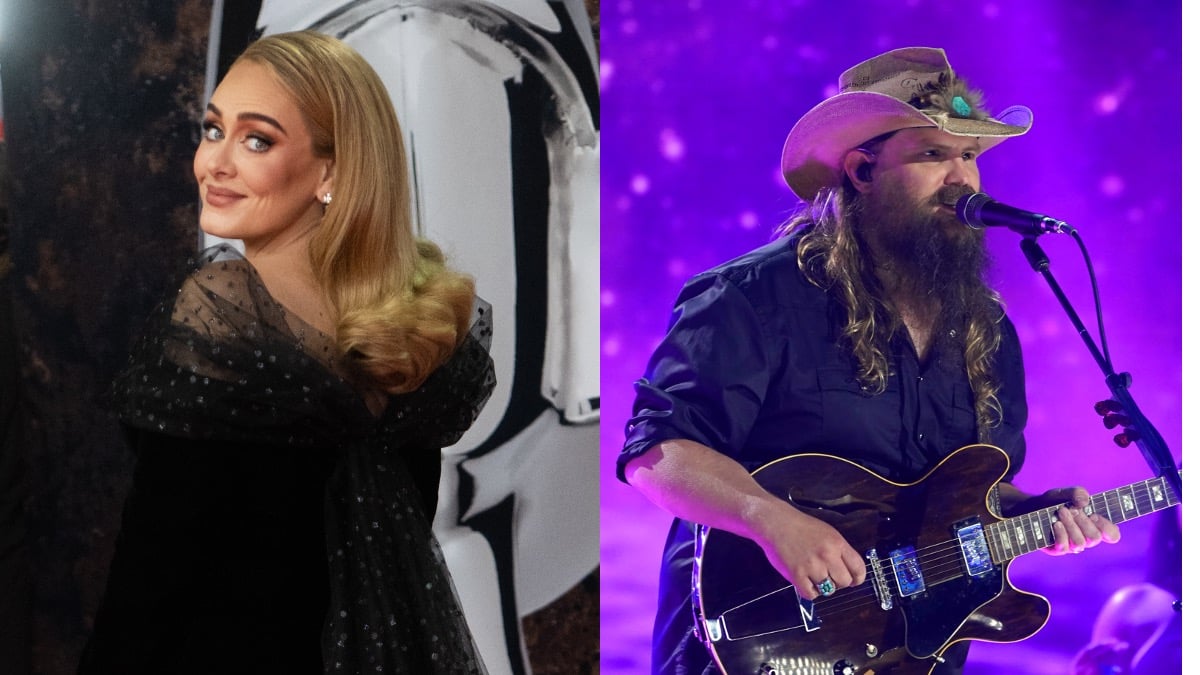 (L) Adele glances over her shoulder for a picture (R) Chris Stapleton plays guitar and sings on stage