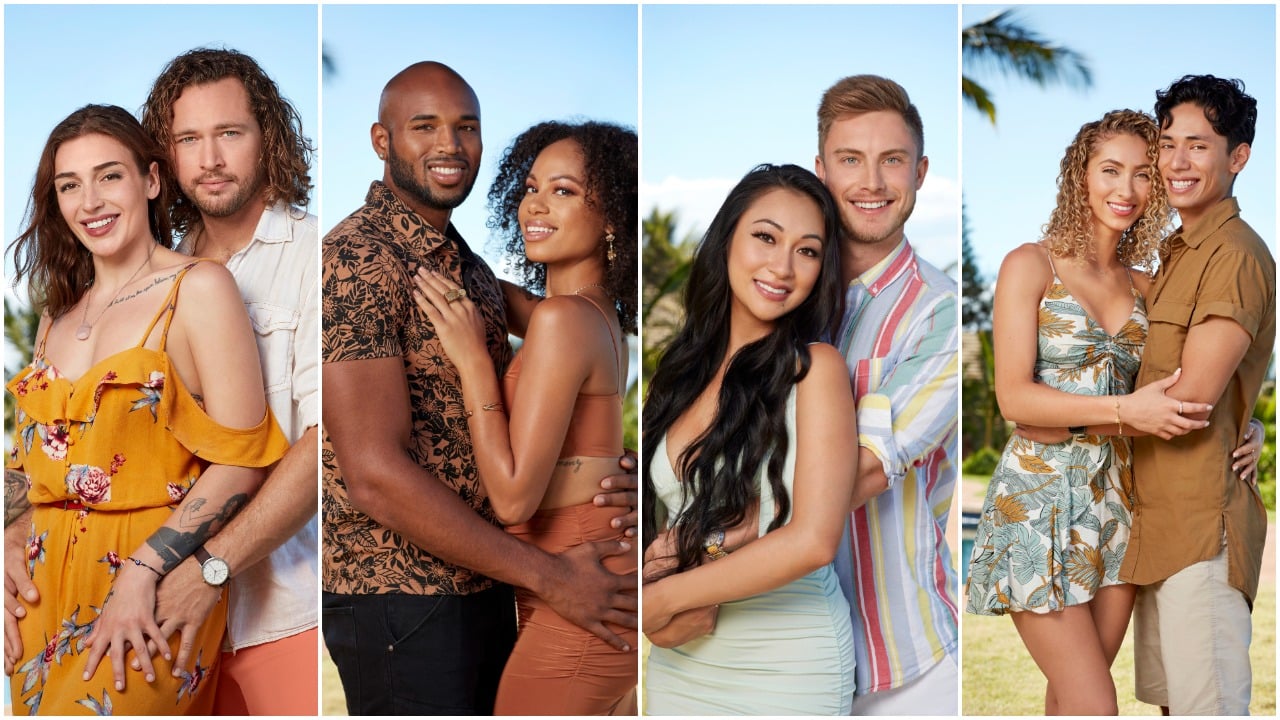 Ashley Rodriguez, Lascelles Lagares, Iris Jardiel, Luke Wechselberger, Gillian Lieberman, Edgar De Santiago, Hania Stocker, and Ash Lamiroult posing for 'Temptation Island' Season 4 cast photos