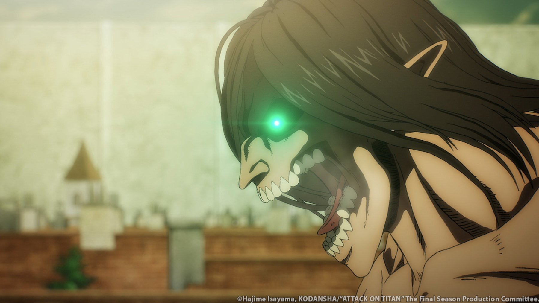 A side profile of Eren Yeager's Titan form in 'Attack on Titan' Season 4 Part 2. His mouth is open, his eyes are glowing, and it looks like he's ready to charge at someone or something.