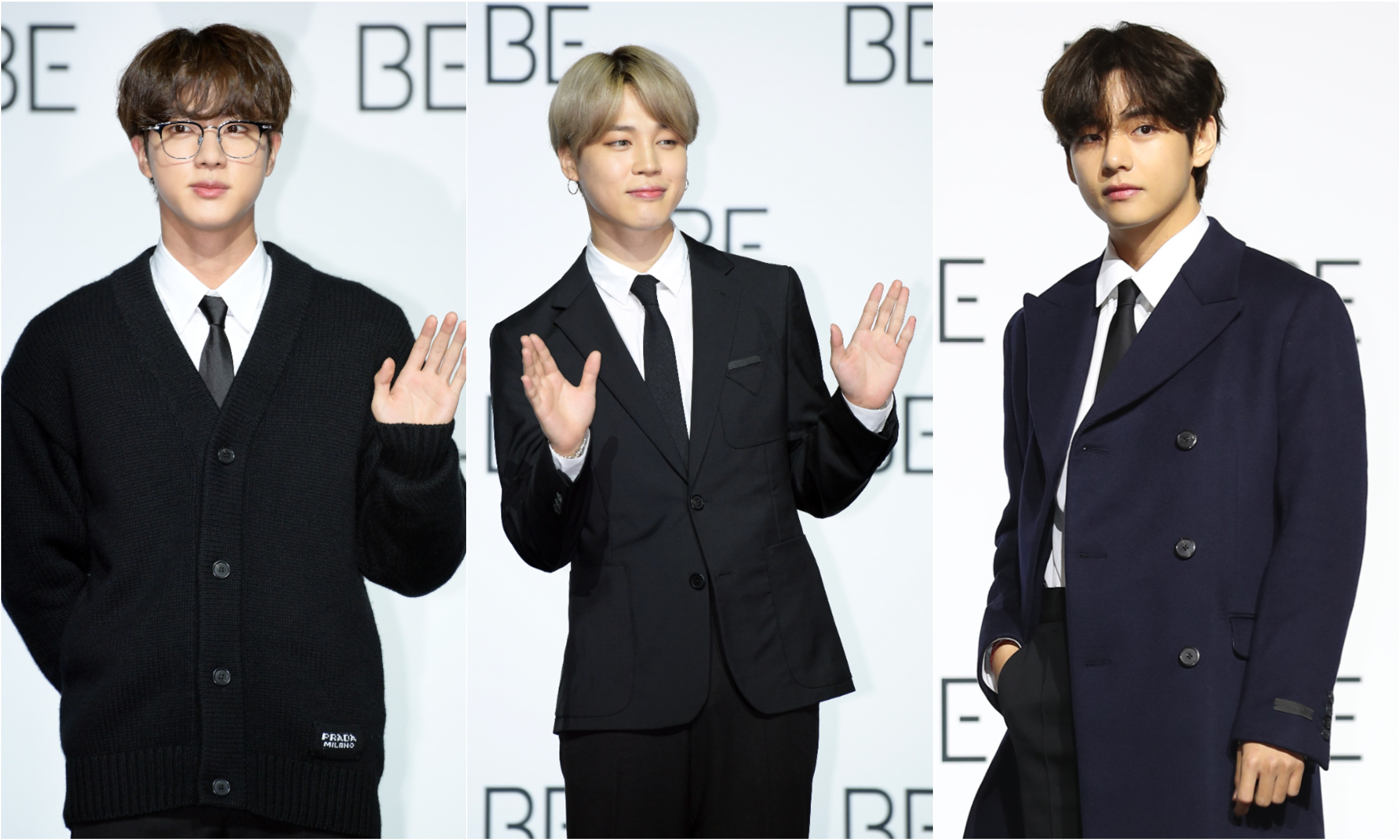 A joined photo of Jin, Jimin, and V of BTS at the band's press conference for 'BE"