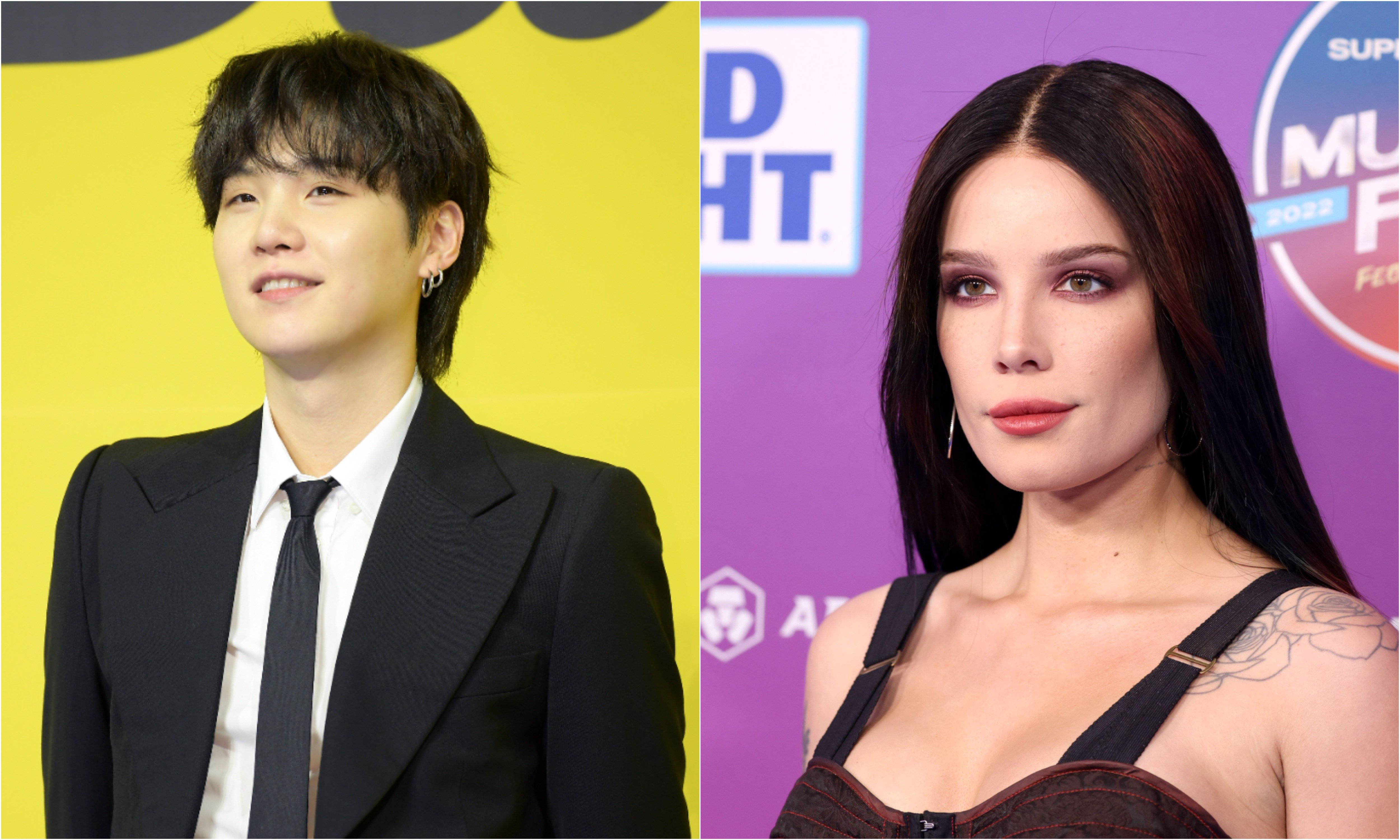 A joined photo of Suga of BTS and Halsey