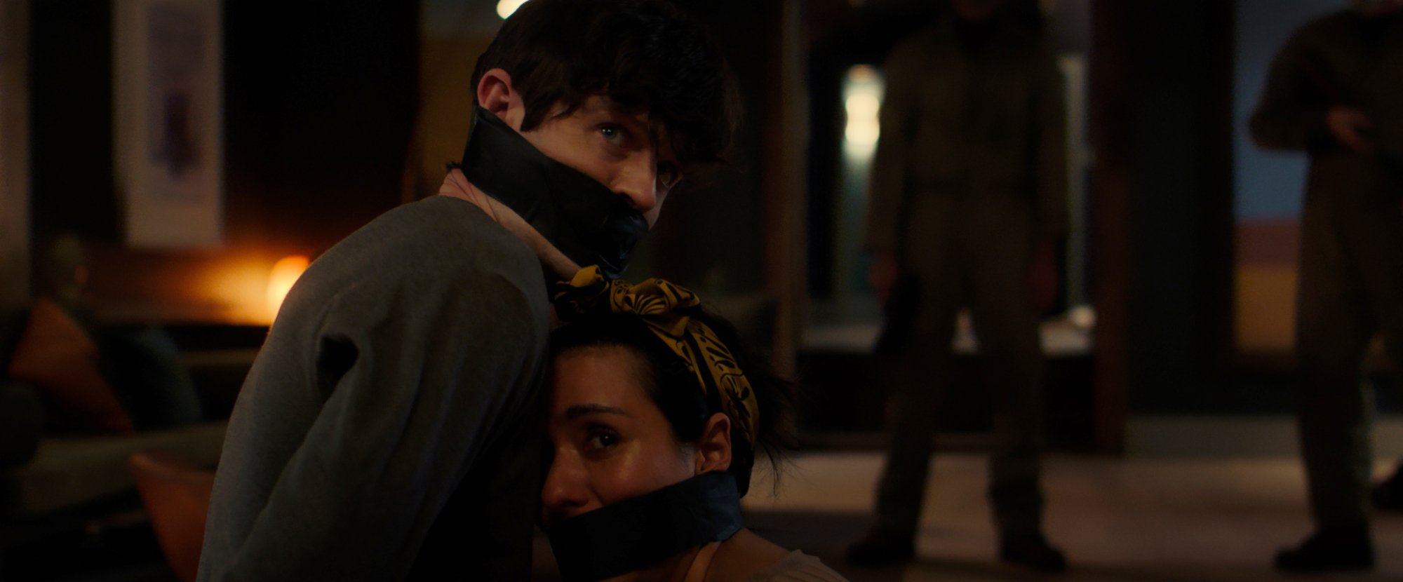 'Barbarians' Iwan Rheon as Adam and Catalina Sandino Moreno as Eva with gags in their mouths, looking scared