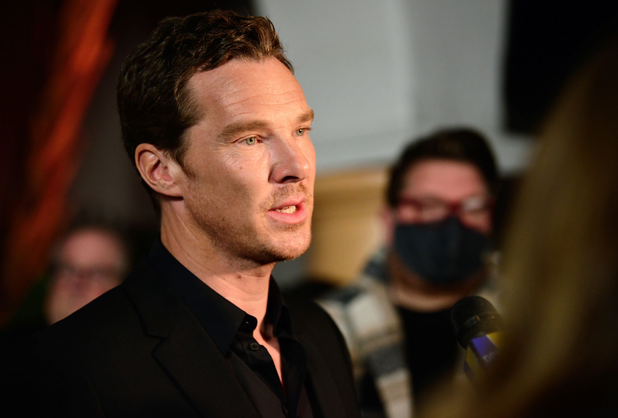 'Doctor Strange 2' star Benedict Cumberbatch wears a black suit over a black button-up shirt.